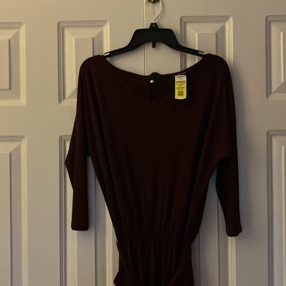 NINA LEONARD Jumpsuit Womens Large L Wine Red Stretch Waist Belted Half Sleeve